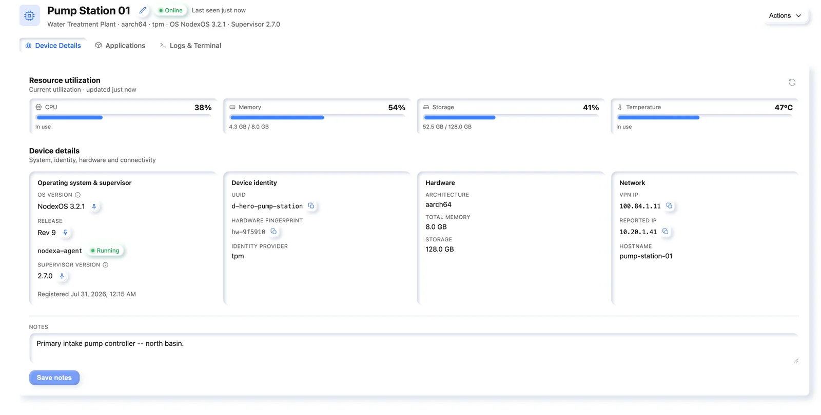 Nodex Cloud device summary for Pump Station 01 showing CPU, memory, storage and temperature utilization with OS, identity, hardware and network details