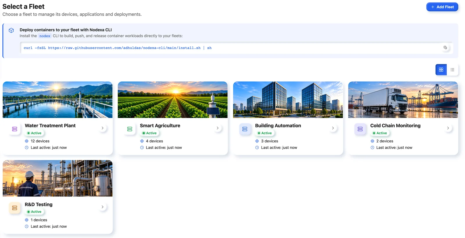 Nodex Cloud fleet overview with Water Treatment Plant, Smart Agriculture, Building Automation, Cold Chain Monitoring and R&D Testing fleets